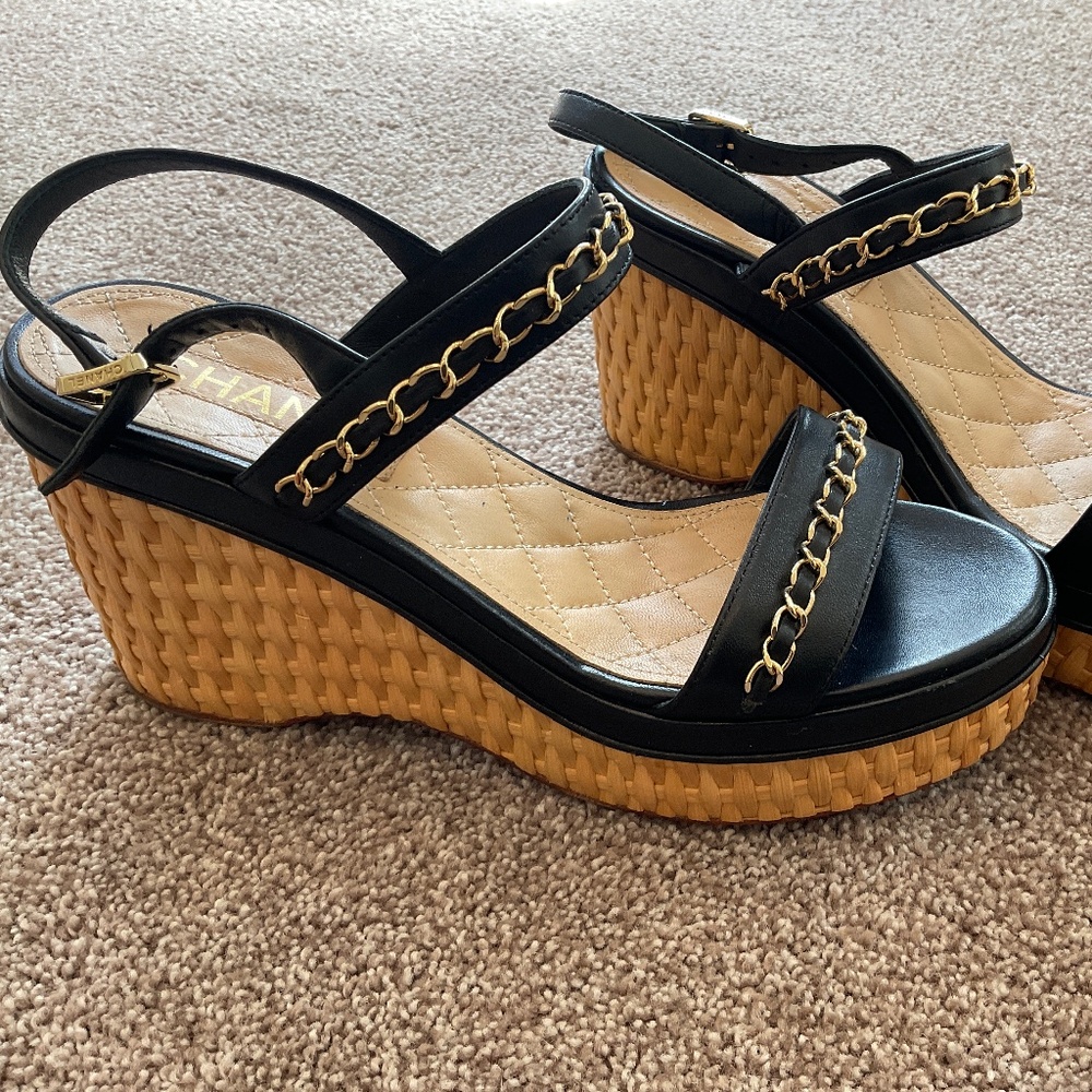 Chanel Lambskin Chain Platform Sandals 39.5 Black X G35643 Worn 2x